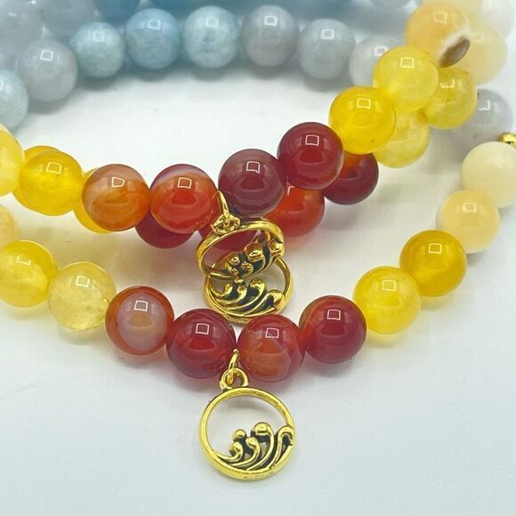 Ocean wave carnelian yellow agate honey calcite aquamarine beaded stretch bracel - Picture 13 of 16